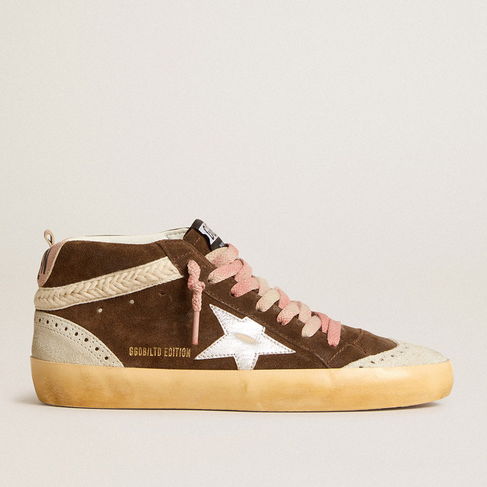 Golden Goose Mid Star Sneakers LTD In Brown Suede With Silver Nappa Leather Star And Cream Flash