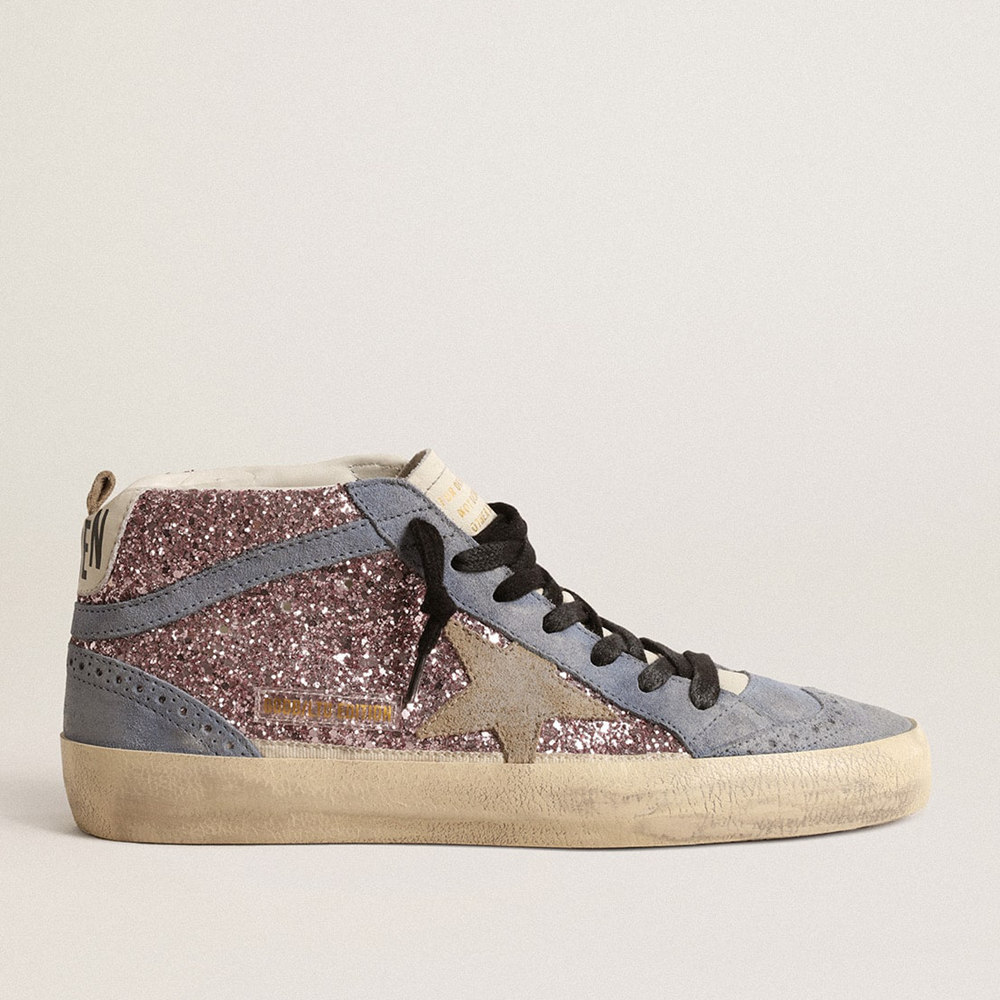 Golden Goose Mid Star Sneakers LTD In Lilac Glitter With Light Blue Suede Inserts