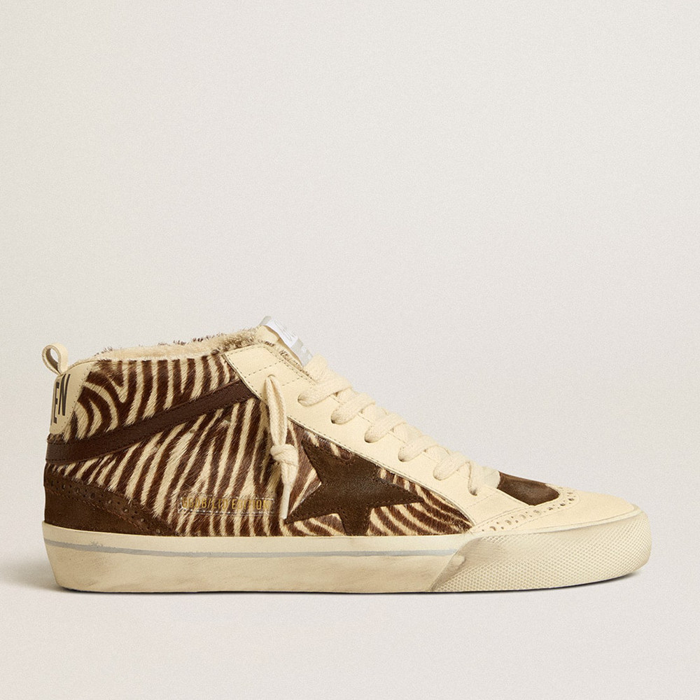 Golden Goose Mid Star Sneakers LTD In Zebra-print Pony Skin With Suede Star And Brown Flash