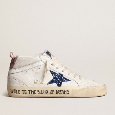 Golden Goose Mid Star Sneakers With Blue Glitter Star And Pink Suede Heel Tab