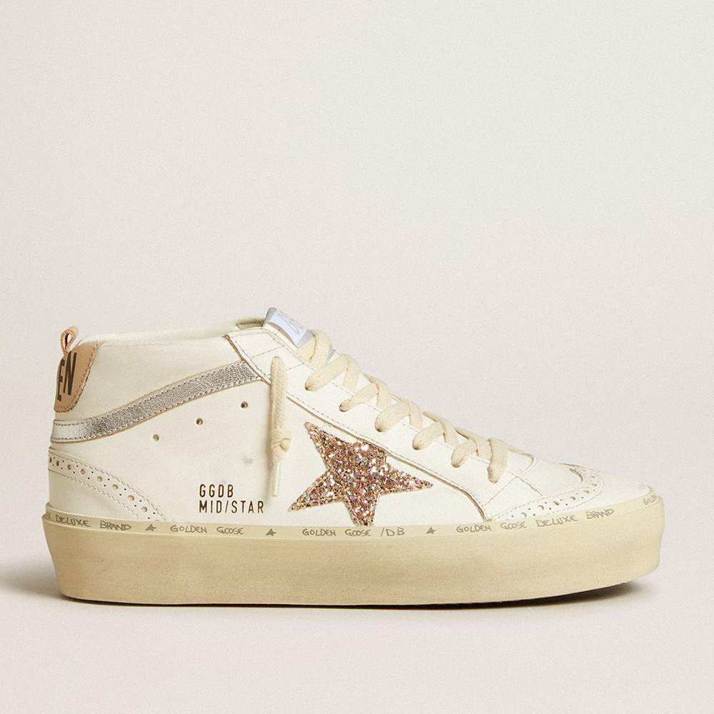 Golden Goose Mid Star Sneakers With Glitter Star And Metallic Silver Leather Flash