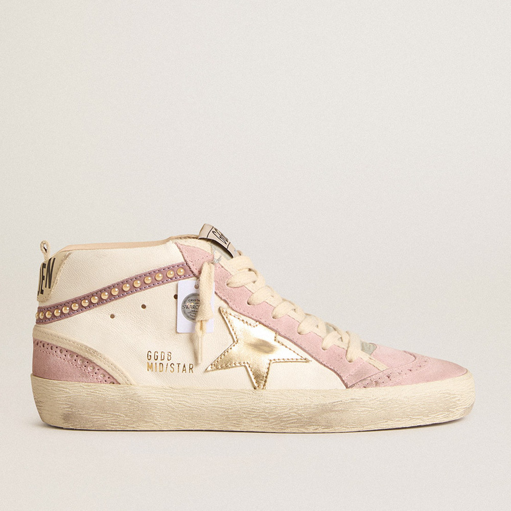 Golden Goose Mid Star Sneakers With Gold Leather Star And Pink Suede Flash With Pearls