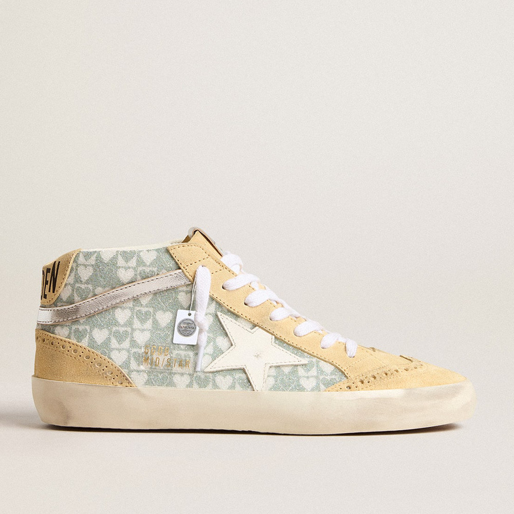 Golden Goose Mid Star Sneakers With Heart Print In Swarovski Crystals And Silver Flash