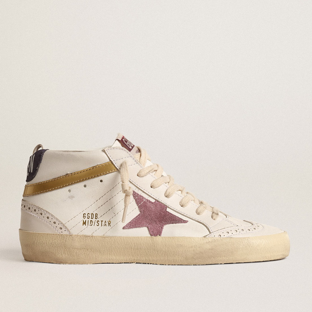 Golden Goose Mid Star Sneakers With Pink Suede Star And Gold Metallic Leather Flash