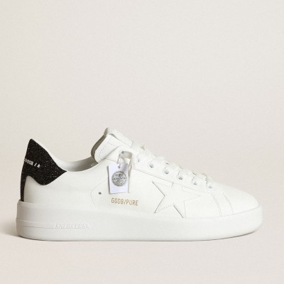 Golden Goose Purestar Sneakers In White Leather With Tone-on-tone Star And Heel Tab In Black Swarovski Crystals