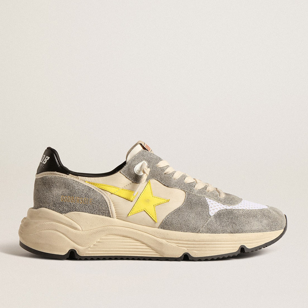 Golden Goose Running Sole Shoes In Beige Nylon And Gray Suede With Yellow Star