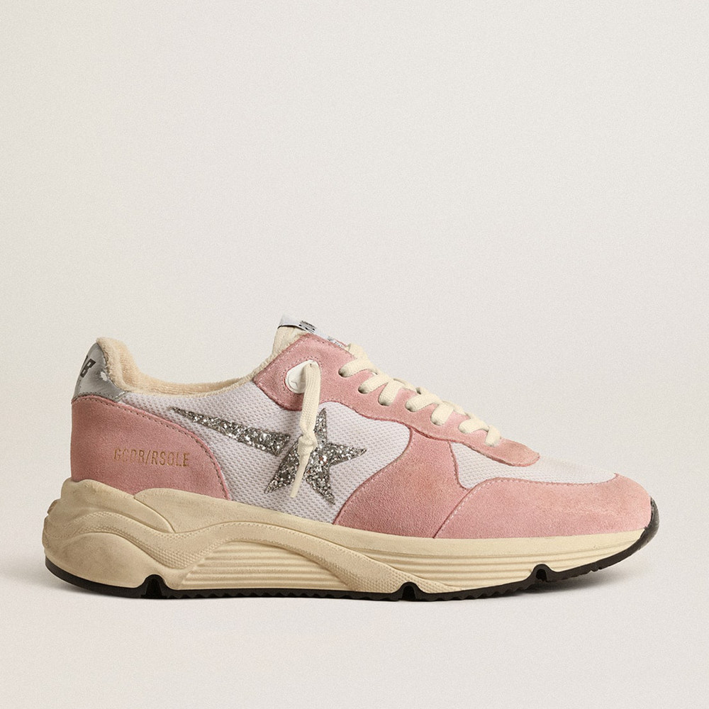 Golden Goose Running Sole Shoes In Gray Mesh And Suede With Silver Glitter Star