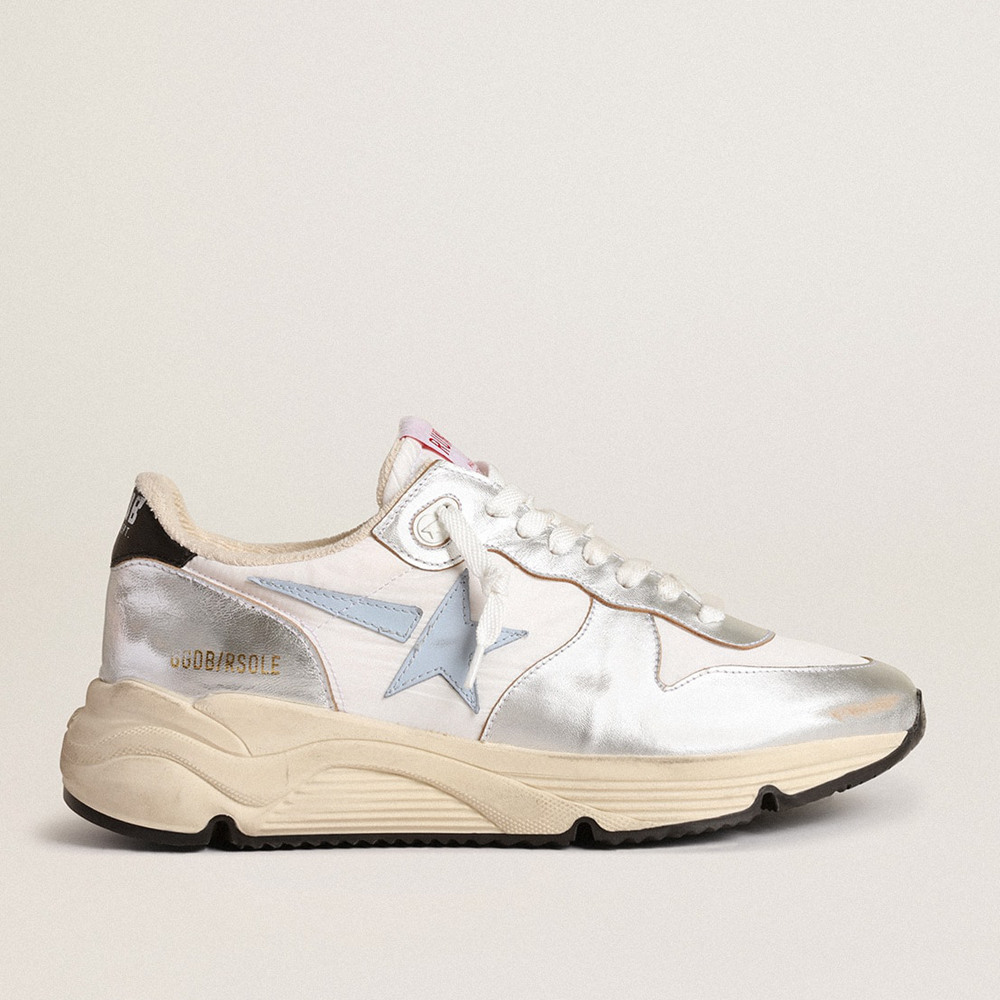 Golden Goose Running Sole Shoes In Nylon And Silver Metallic Leather With Light Blue Star