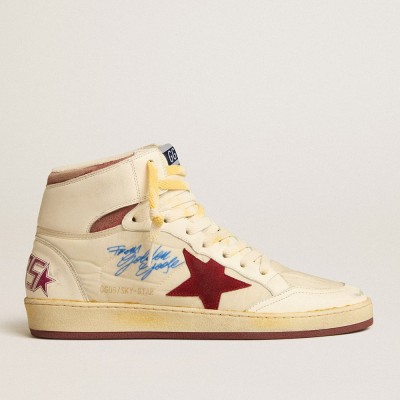 Golden Goose Sky-Star Sneakers In Beige Nylon And Nappa With Pomegranate Suede Star