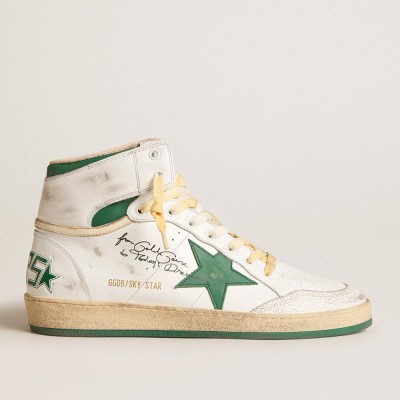 Golden Goose Sky-Star Sneakers In White Leather With Green Leather Star