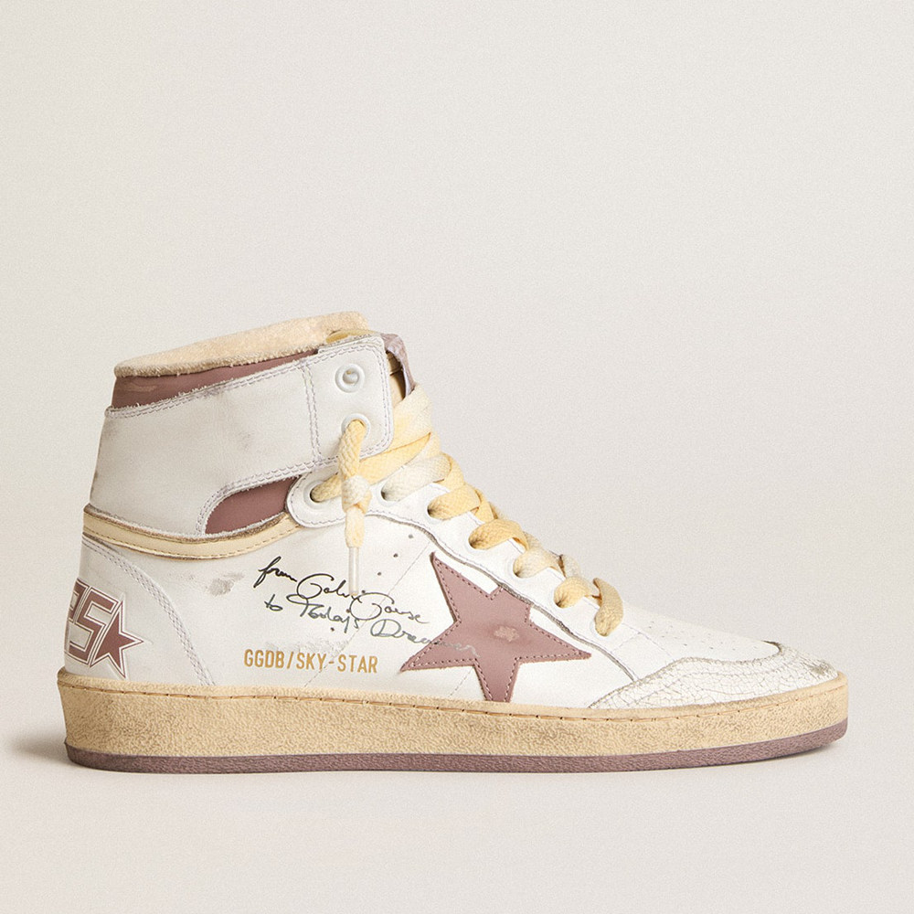 Golden Goose Sky-Star Sneakers In White Leather With Pink Leather Star