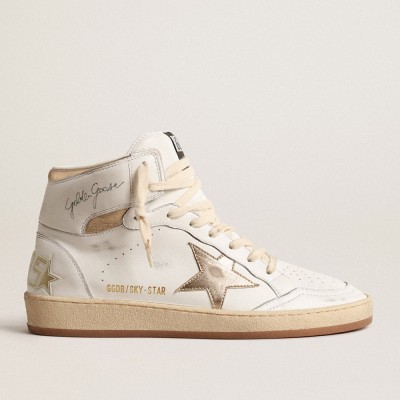 Golden Goose Sky-Star Sneakers In White Nappa Leather With Gold Metallic Leather Star And Heel Tab