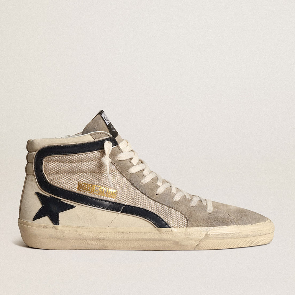 Golden Goose Slide Sneakers In Beige Mesh And Nylon With Blue Leather Star And Flash