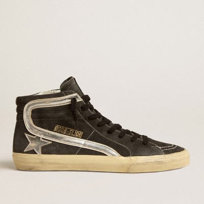 Golden Goose Slide Sneakers In Black Suede With Silver Metallic Leather Star And Flash