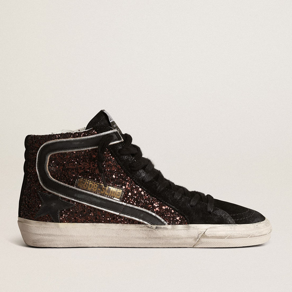 Golden Goose Slide Sneakers In Brown Glitter With Black Leather Star And Flash