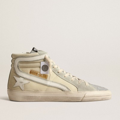 Golden Goose Slide Sneakers In Ivory Nylon With White Leather Star And Silver Swarovski Crystal Tongue