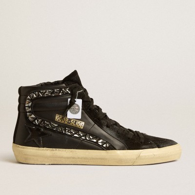 Golden Goose Slide Sneakers In Leather With Black Star And Swarovski Crystal Flash