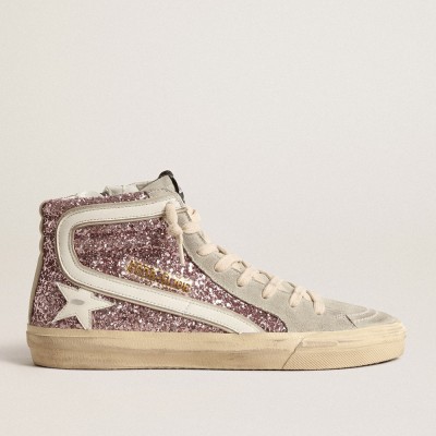 Golden Goose Slide Sneakers In Lilac Glitter With White Leather Star And Flash