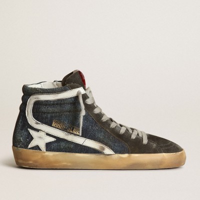 Golden Goose Slide Sneakers In Midnight-blue Denim With White Leather Star