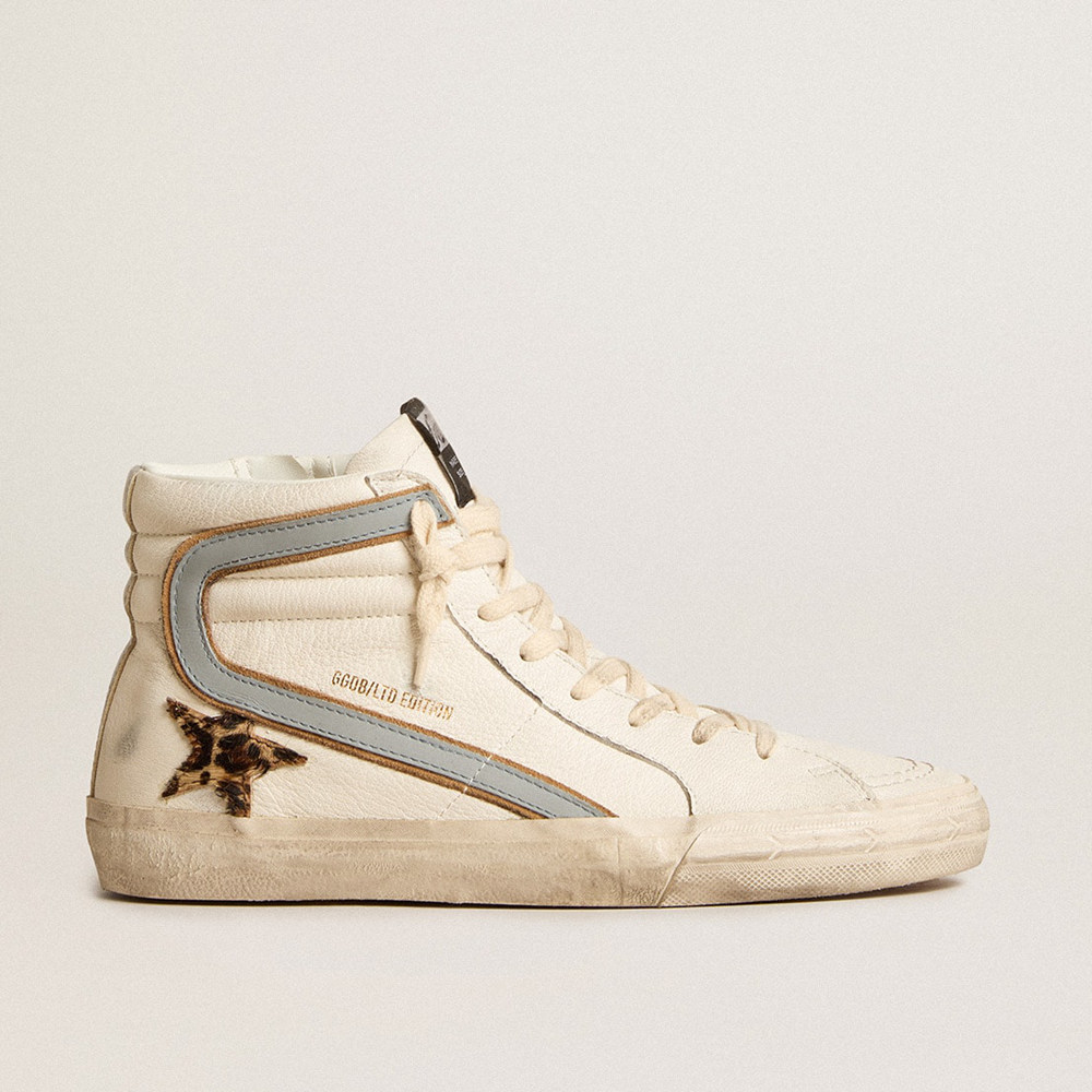 Golden Goose Slide Sneakers In Nappa With Leopard-print Pony Skin Star And Gray Nappa Flash