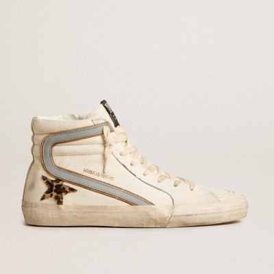 Golden Goose Slide Sneakers In Nappa With Leopard-print Pony Skin Star And Gray Nappa Flash