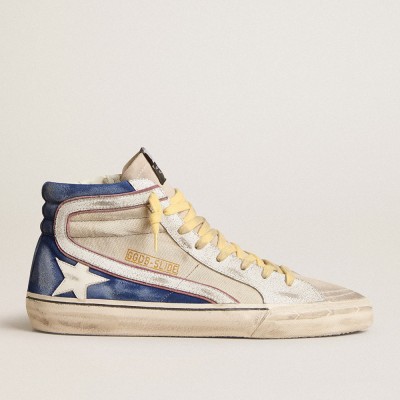 Golden Goose Slide Sneakers In Pearl Canvas And Blue Suede With White Leather Star And Flash