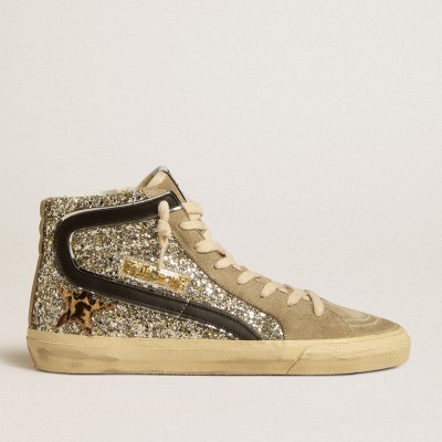 Golden Goose Slide Sneakers In Platinum Glitter With Leopard-print Pony Skin Star And Black Flash