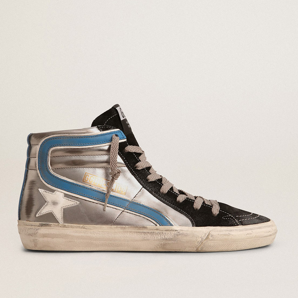 Golden Goose Slide Sneakers In Silver Metallic Leather With White Leather Star