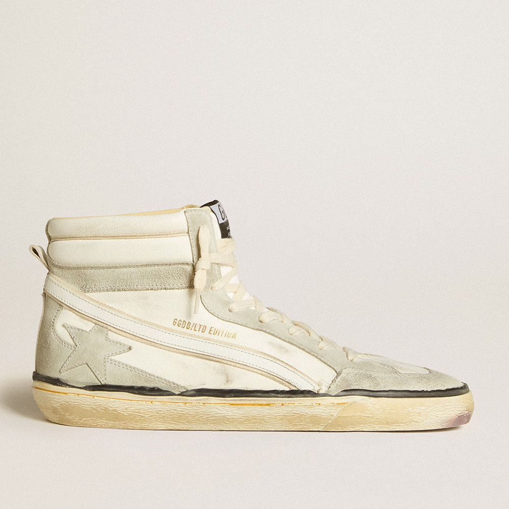 Golden Goose Slide Sneakers LAB In Aged-white Nappa Leather With Gray Suede Star And White Leather Flash