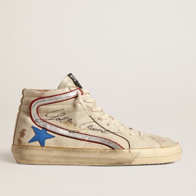 Golden Goose Slide Sneakers LTD In Ecru With Bright Blue Star And Silver Leather Flash