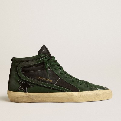 Golden Goose Slide Sneakers LTD In Green Suede And Black Canvas With Suede Star And Flash