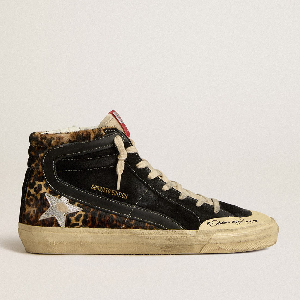 Golden Goose Slide Sneakers Penstar LTD In Leopard-print Pony Skin With Silver Star And Black Flash