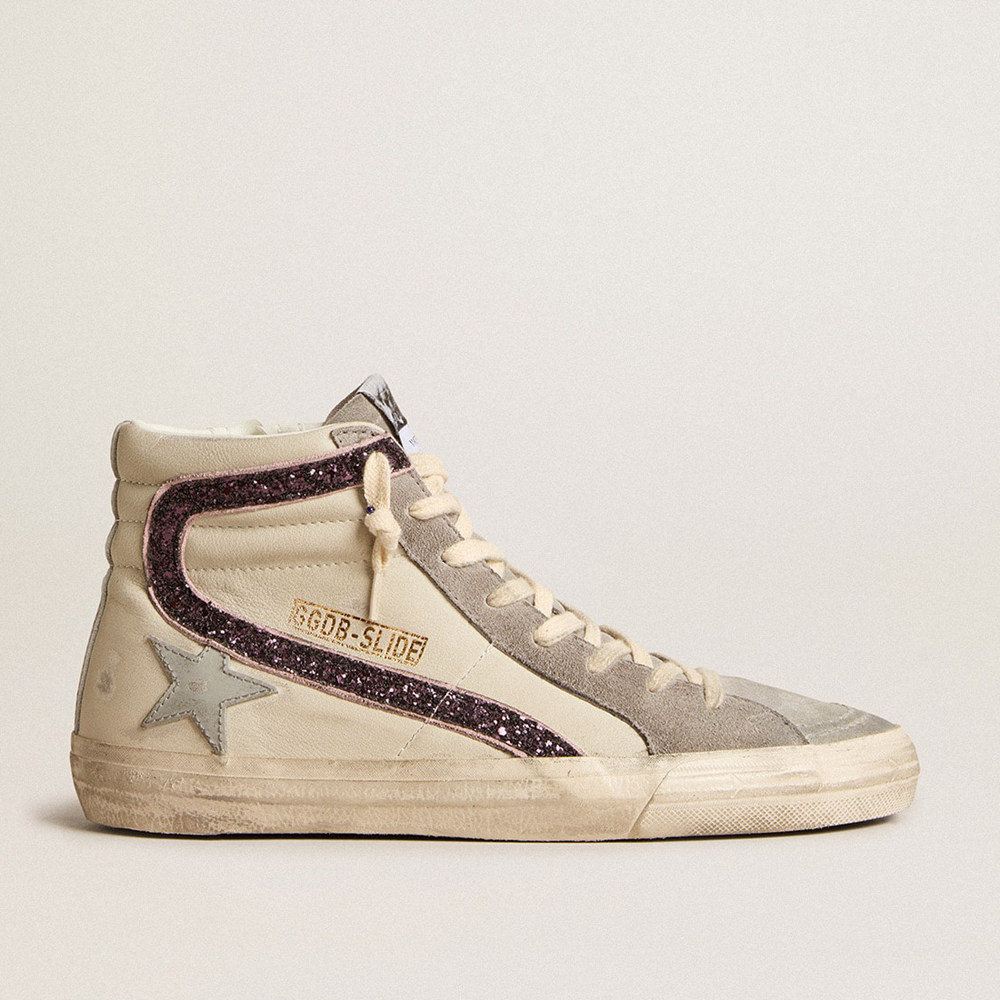 Golden Goose Slide Sneakers With Gray Leather Star And Wine-colored Glitter Flash