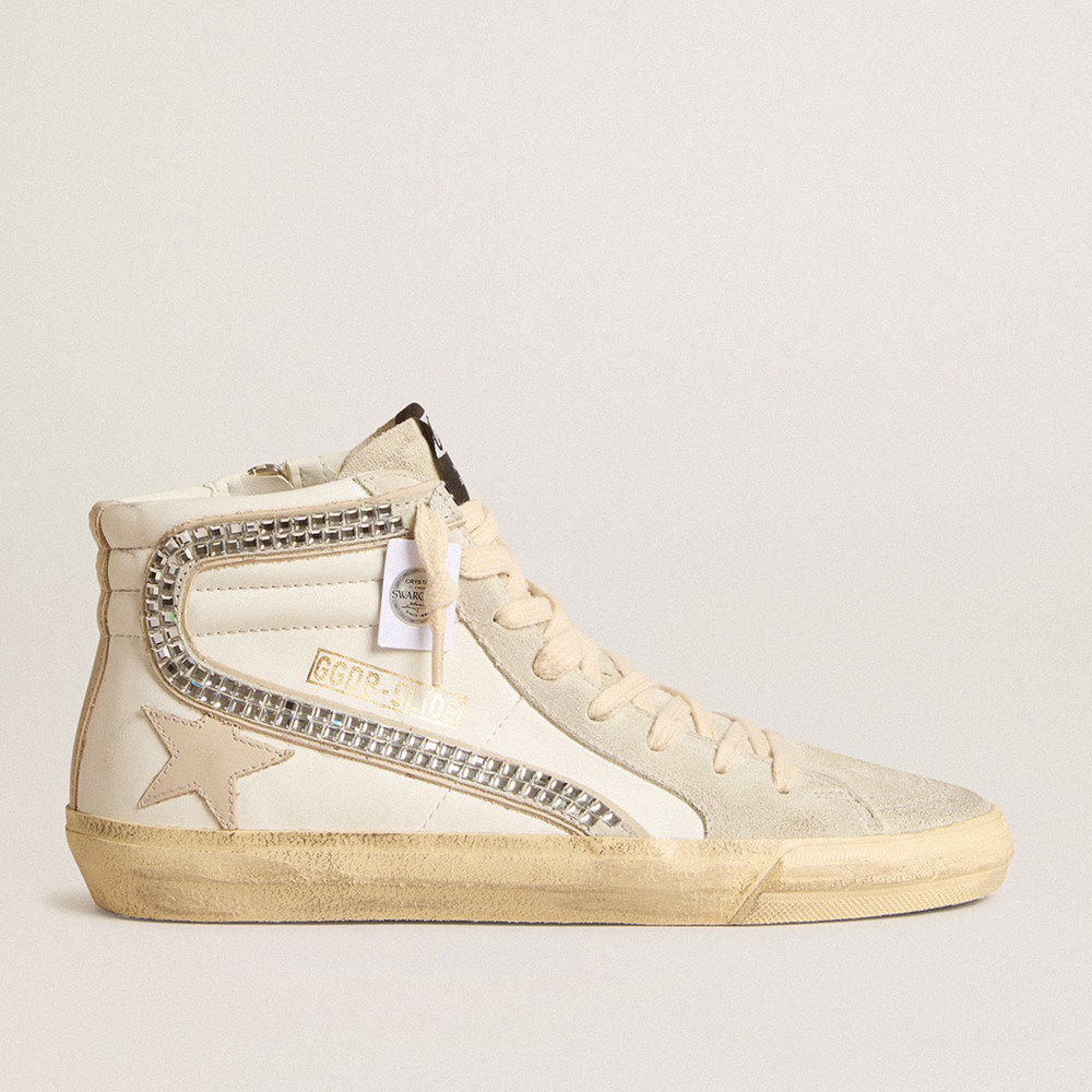 Golden Goose Slide Sneakers With Nude Leather Star And Suede And Swarovski Crystal Flash