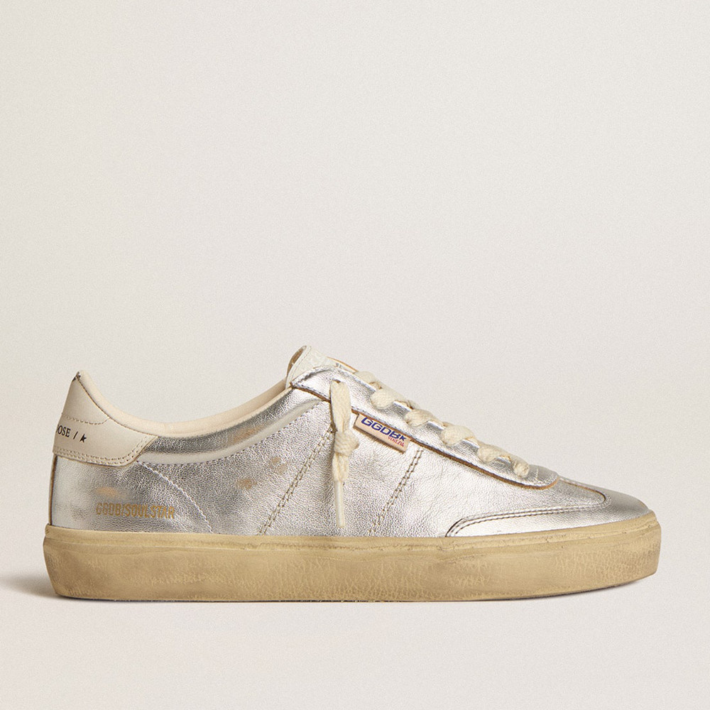 Golden Goose Soul Star Sneakers In Metallic Silver Leather With White Leather Heel Tab