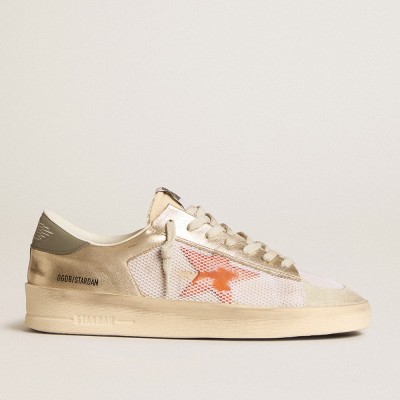 Golden Goose Stardan Sneakers In White Mesh With Orange Star And Platinum Leather Inserts