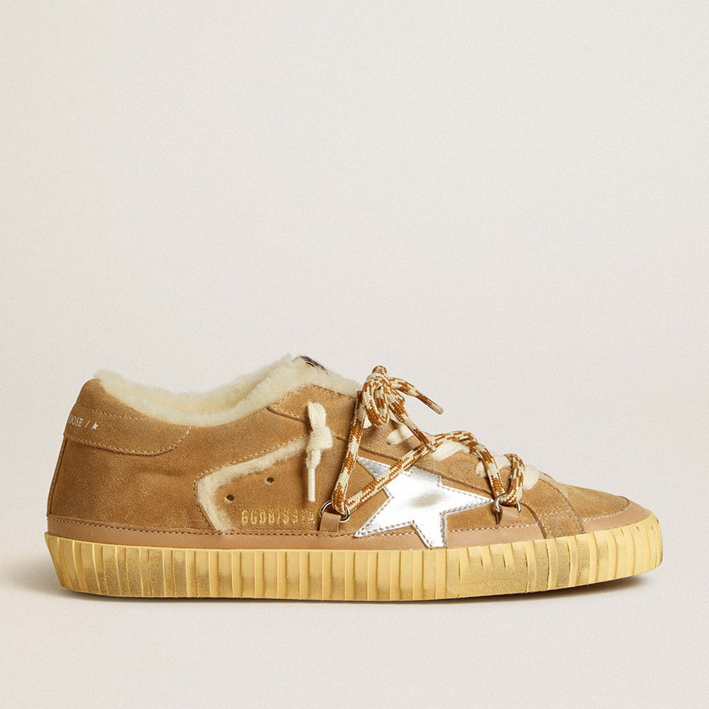 Golden Goose Super-Star Sneakers In Beige Suede And Shearling With Metallic Leather Star