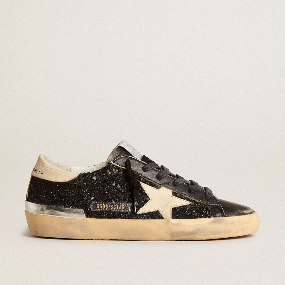 Golden Goose Super-Star Sneakers In Black Glitter And Nappa With Cream Leather Star And Heel Tab