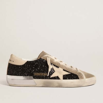 Golden Goose Super-Star Sneakers In Black Glitter With Cream Star And Suede Inserts