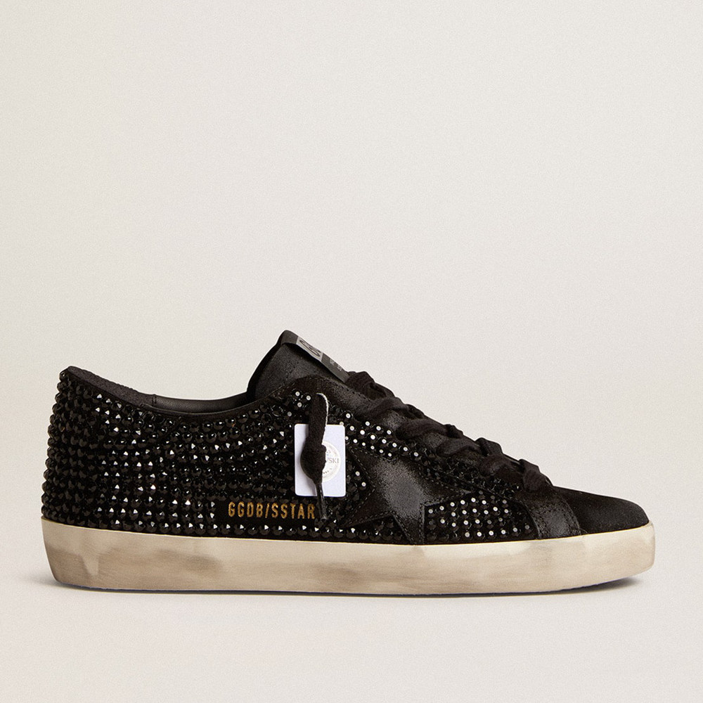 Golden Goose Super-Star Sneakers In Black Suede With Swarovski Crystals And Black Suede Star