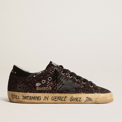 Golden Goose Super-Star Sneakers In Brown Glitter With Black Leather Star And Heel Tab