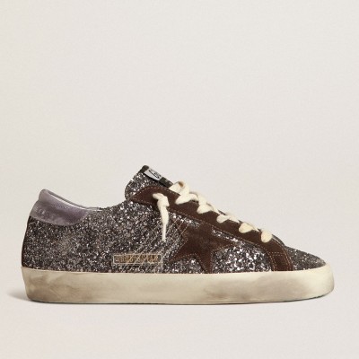 Golden Goose Super-Star Sneakers In Glitter With A Brown Star And Lilac Heel Tab