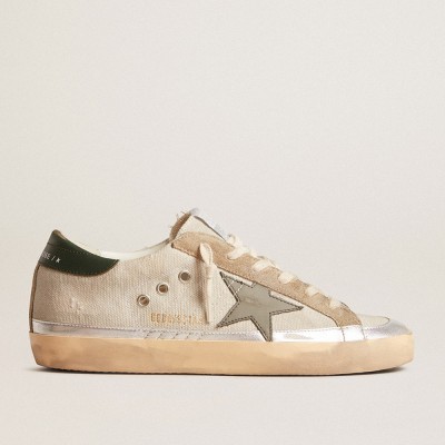 Golden Goose Super-Star Sneakers In Gray Canvas With A Green Leather Star And Heel Tab