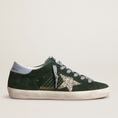 Golden Goose Super-Star Sneakers In Green Suede, Silver Glitter Star And Leather Heel Tab