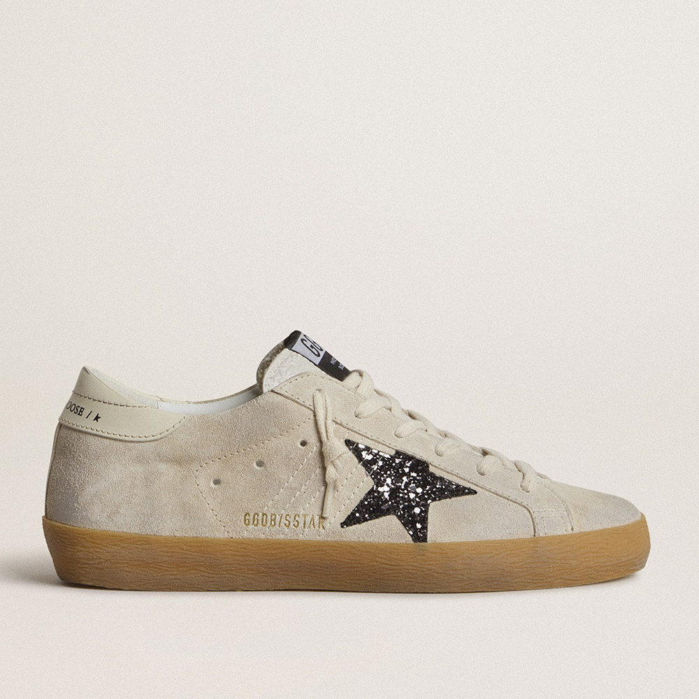 Golden Goose Super-Star Sneakers In Ice-gray Suede With Silver Glitter Star And Leather Heel Tab