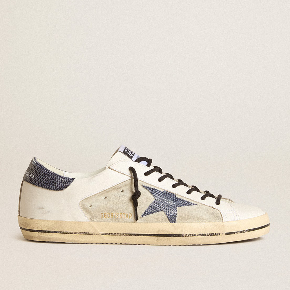 Golden Goose Super-Star Sneakers In Leather And Suede With Blue Lizard-print Leather Star