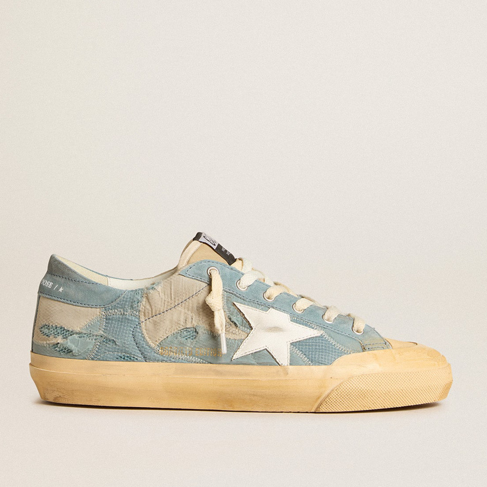 Golden Goose Super-Star Sneakers In Light Blue Mesh And Nylon With White Leather Star