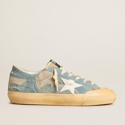 Golden Goose Super-Star Sneakers In Light Blue Mesh And Nylon With White Leather Star