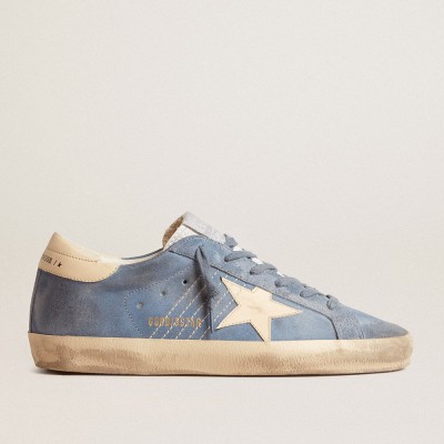 Golden Goose Super-Star Sneakers In Light Blue Suede With Beige Leather Star And Heel Tab