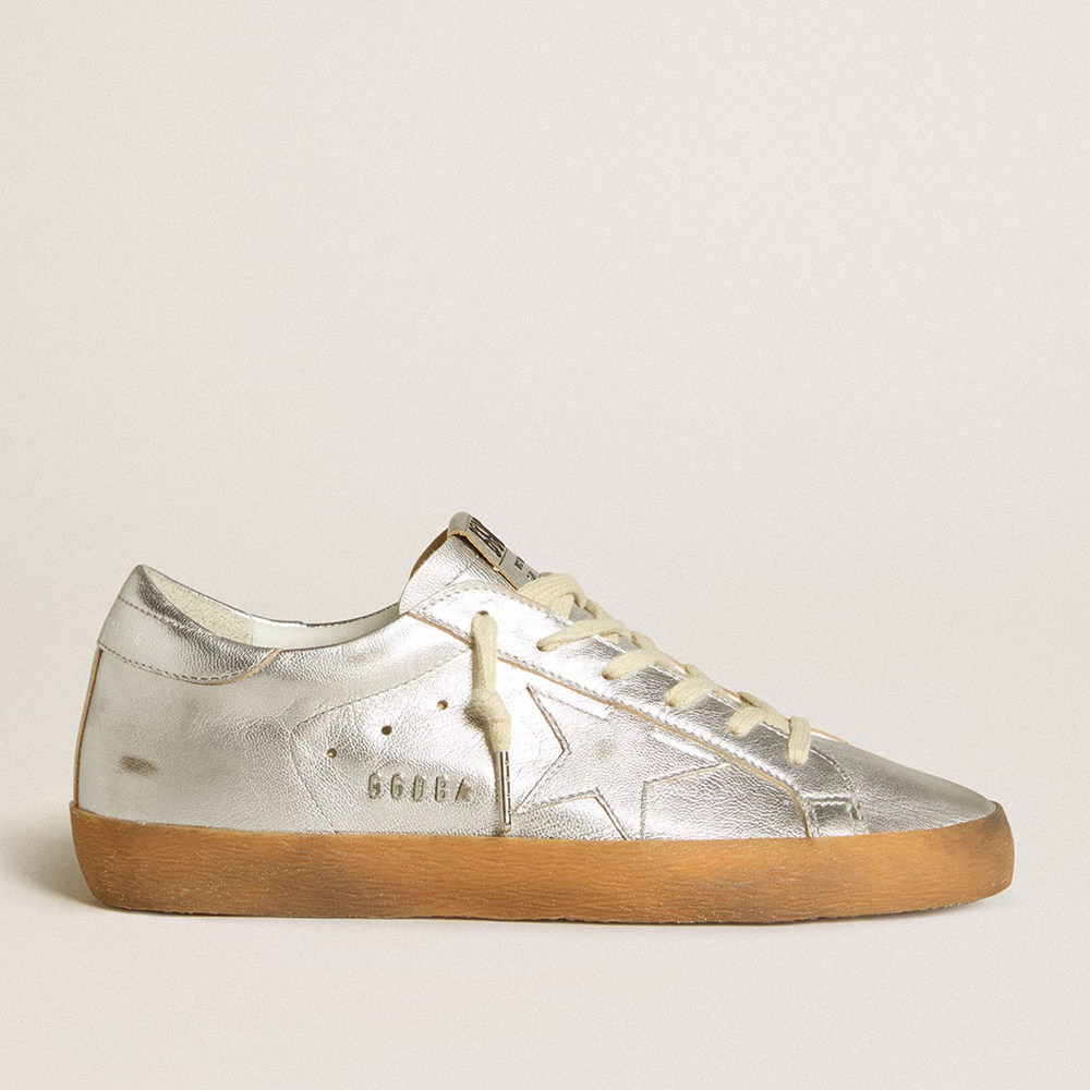 Golden Goose Super-Star Sneakers In Silver Metallic Leather With Leather Star And Heel Tab